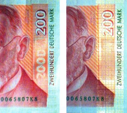 Рис. 54. Средства защиты от копирования на банкноте номиналом 200 марок Германии: 
